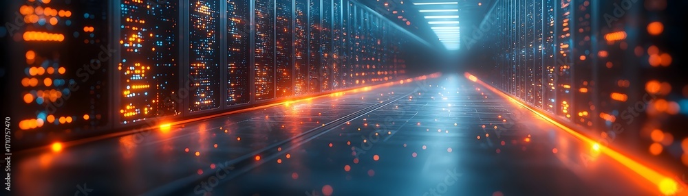 Aufkleber a futuristic neon lit data center corridor with glowing server racks and digital light trails repres