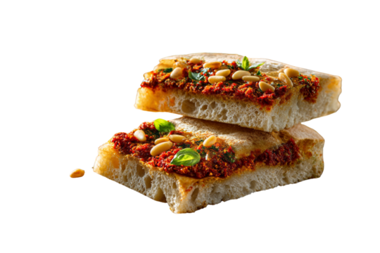 Artistic Side Angle of Ciabatta Slice with Sun-Dried Tomato Pesto and Pine Nuts, Rustic Wooden Board Background, Transparent Background