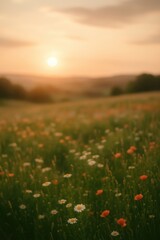 Dreamy sunset meadow with soft blurred wildflowers and romantic golden hour lighting