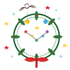 Festive Holiday Clock Christmas Wreath Vector Illustration