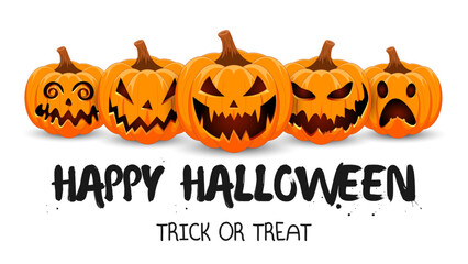 Set carved Halloween pumpkins with different scary faces isolated on white background. The main symbol of the Happy Halloween holiday. Vector illustration.