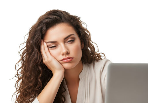 Bored young woman resting her head on her hand isolated on transparent background