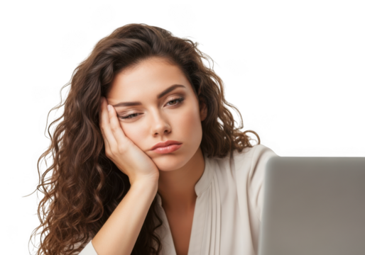 Bored young woman resting her head on her hand isolated on transparent background