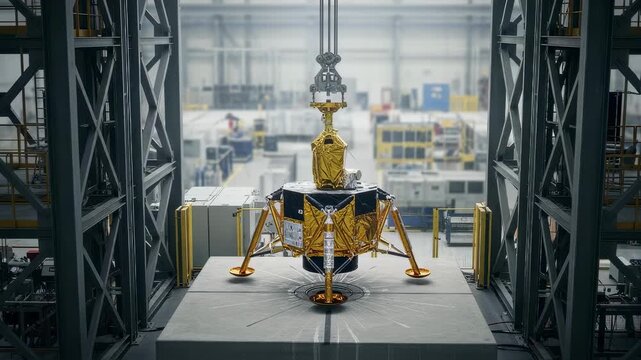 An industrial droptest tower with a lunar lander leg poised for impact showcasing preparation for extraterrestrial surface landings.