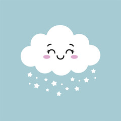 cute cloud with smiling face and falling stars weather vector illustration kawaii white cloud icon for kids designs