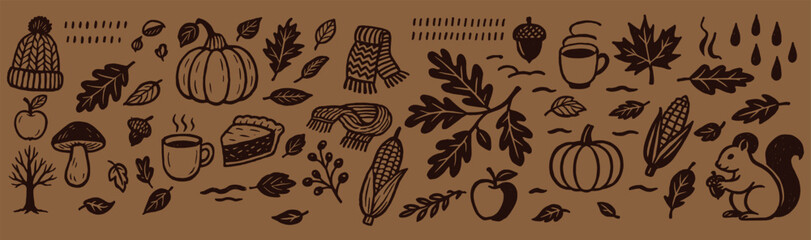 Rustic Autumn Season and Harvest Elements Hand-Drawn Illustration