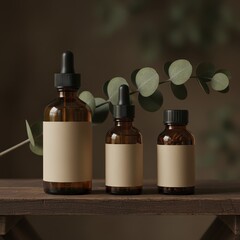Cosmetic amber glass bottles mockup with eucalyptus on wood shelf.