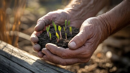 Hands holding soil with young seedlings