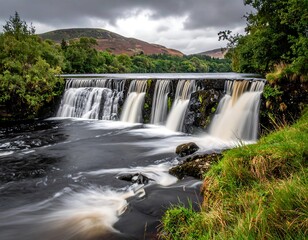 Fototapeta premium Waterfall cascading over dark rocks