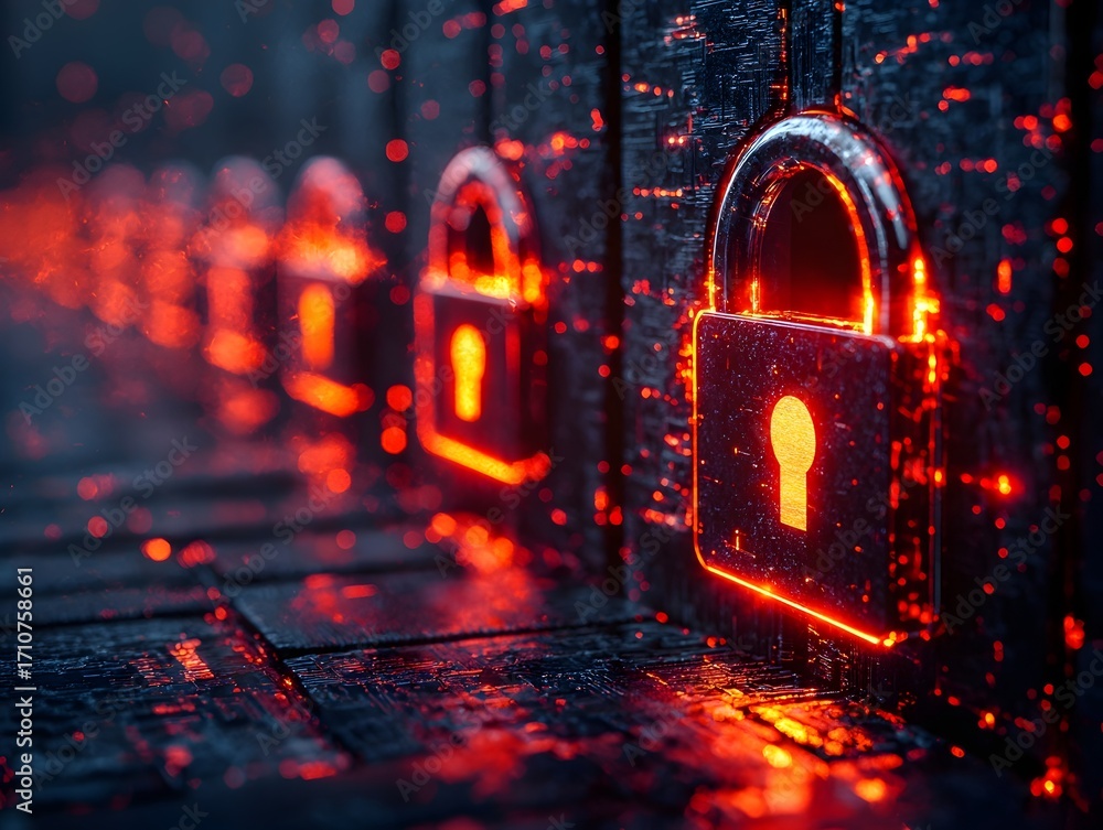 Poster digital padlocks with glowing red keyholes symbolize data security and cyber protection in a futuris