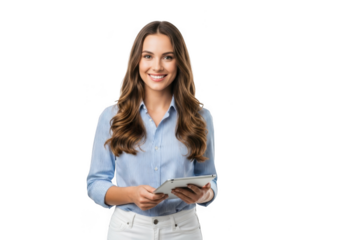 Young woman holding a tablet isolated on transparent background