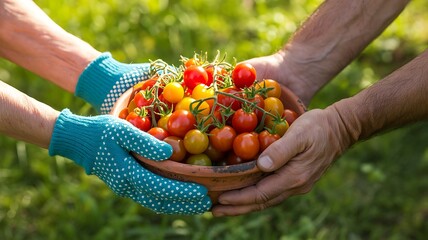 Hands Sharing Freshly Harvested Cherry Tomatoes