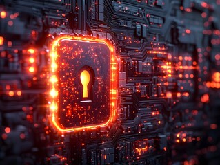 A glowing digital keyhole on a futuristic circuit board symbolizes data security and protection