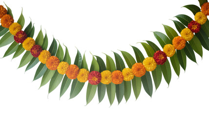 Obraz premium Indian festival toran of marigold flowers isolated on transparent background with mango leaf, hanging