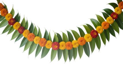 Indian festival toran of marigold flowers isolated on transparent background with mango leaf, hanging