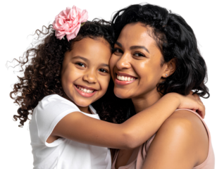 Smiling mother hugging and having fun with her daughter, family relationship and isolated on a transparent background.