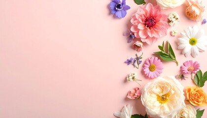 A vibrant arrangement of various flowers in pastel hues, artfully arranged against a soft pink backdrop, creating a cheerful and romantic aesthetic.
