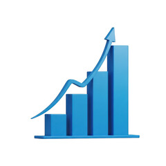 Rising blue bar chart graph with upward trend arrow demonstrating business growth and success transparent background