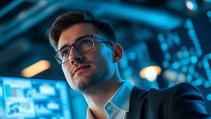 Professional in a tech environment, focused expression with abstract digital background and glowing nodes.