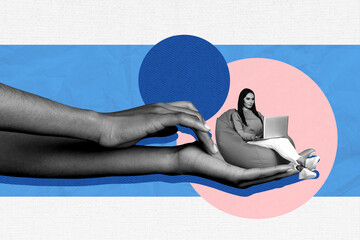 Composite 3d image art pop trend collage of happy freelancer businesswoman surf laptop human hands freelancer programming