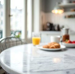 Fototapeta premium breakfast on Marble Table Surface with Soft Kitchen Background 