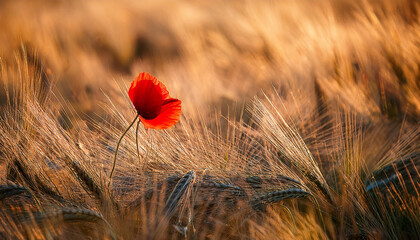 Fototapeta premium Single Red Poppy In Wheat Field