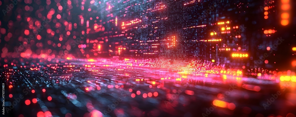 Poster an abstract futuristic digital network of glowing neon lights creating a sense of deep space motion 
