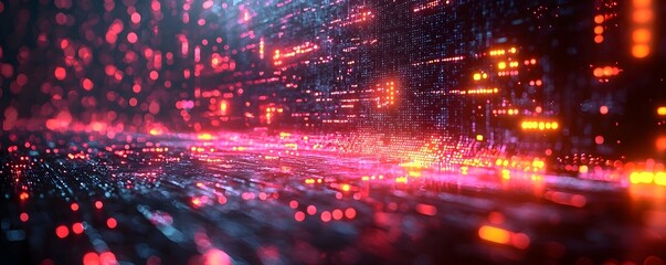 An abstract futuristic digital network of glowing neon lights creating a sense of deep space motion and data flow