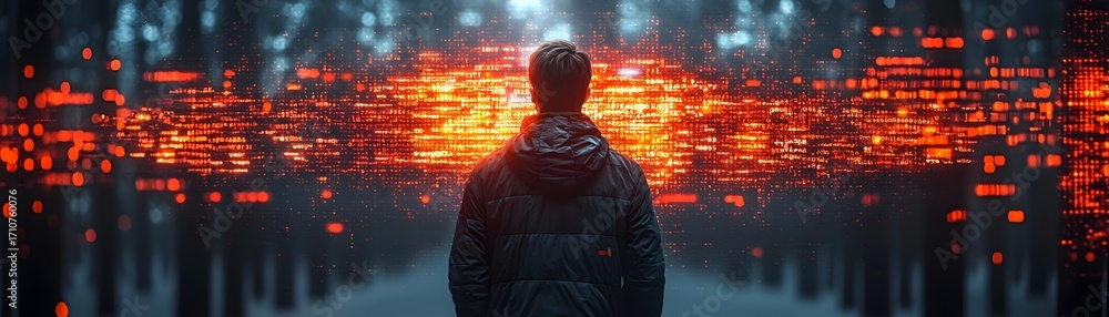 Aufkleber man looking at a glowing digital data stream in a futuristic abstract background