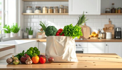 Reusable shopping bag filled with fresh organic vegetables and fruits on a wooden kitchen counter promoting a healthy lifestyle