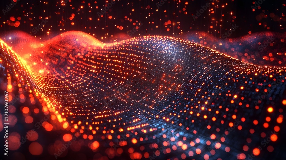 Poster abstract digital waves of glowing particles in red and blue representing data flow and technology