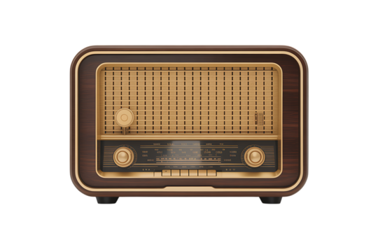 Elegant vintage wooden radio with gold accents broadcasting classic tunes and nostalgia