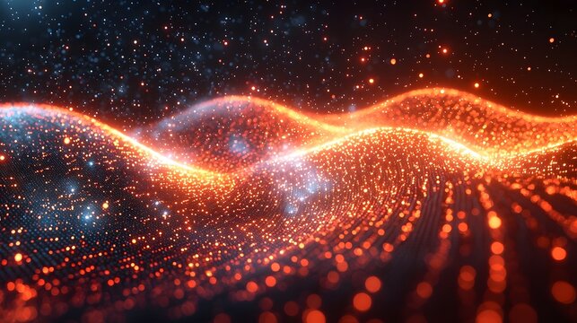 A vibrant abstract digital landscape featuring glowing orange and blue particles forming undulating waves against a dark cosmic background
