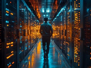 A person walks down a futuristic server room corridor illuminated by glowing blue and orange lights from the racks