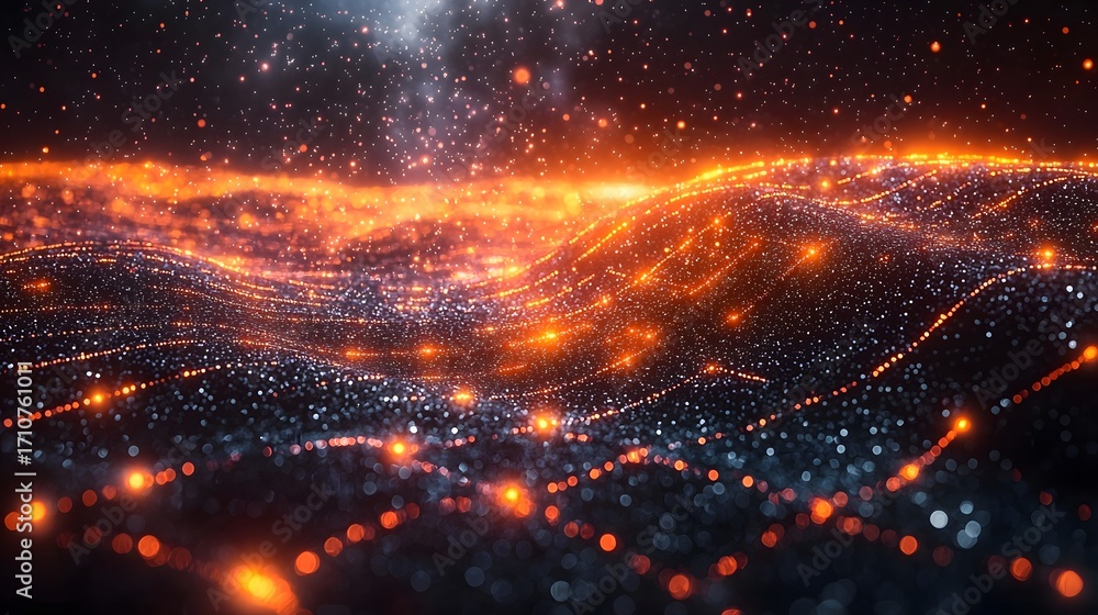Poster abstract digital network with glowing data waves and pulsing energy streams in a dark futuristic spa