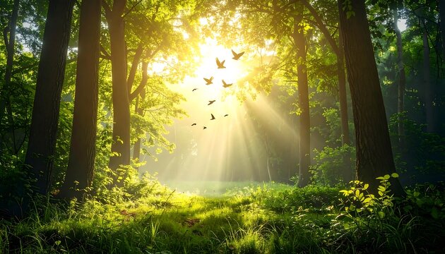 Sunlight streams through a lush forest (6) - Powered by Adobe