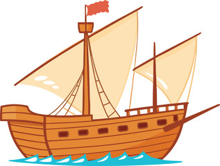 Obraz premium Wooden sailing ship with orange flag and sails on blue waves boat water