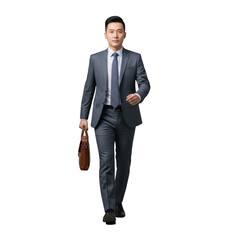 Professional man in business suit walking confidently holding briefcase full length studio shot isolated on transparent background