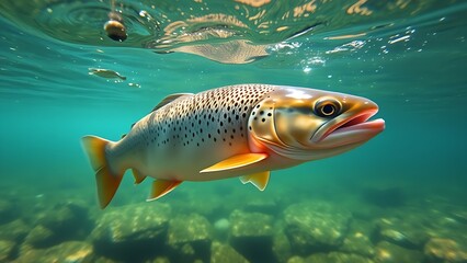 Naklejka premium Underwater view of trout swimming in clear stream, showcasing tranquil aquatic scenery.