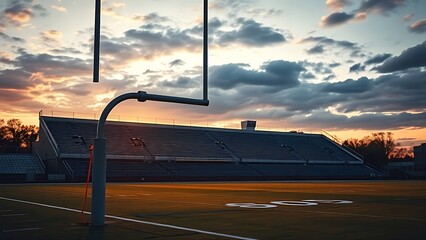 Football goalpost on empty stadium field under dramatic sunset lighting.