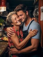 Portrait of a Cheerful man and his mature mother embracing in the kitchen.