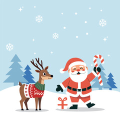 Christmas cartoon Santa and reindeer in winter scene