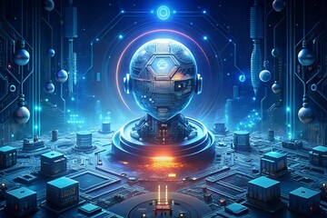 Futuristic ai brain core with glowing circuits and data streams