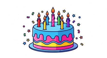 A delightful birthday cake, adorned with colorful candles and confetti, ready to celebrate a special occasion with joy