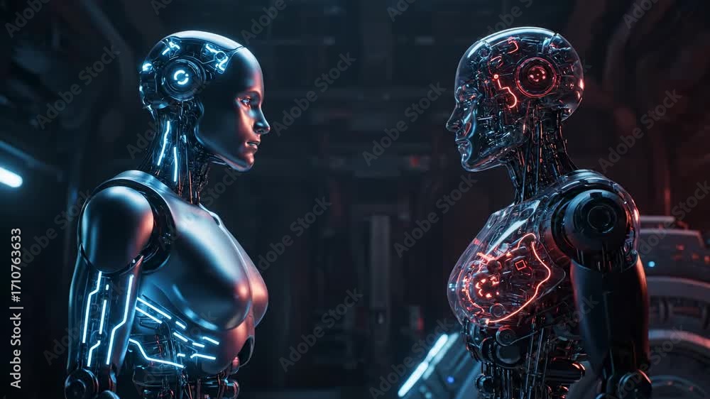 Poster futuristic robots face-off - two advanced humanoid robots, one with a translucent body revealing int
