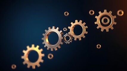 Abstract metallic gears floating against a dark blue background, representing innovation and precision.