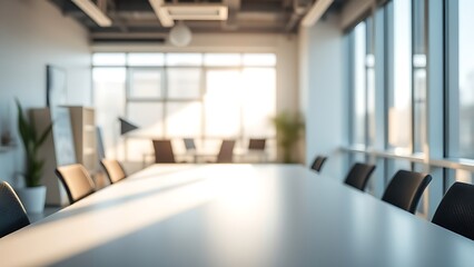 Fototapeta premium Sunlit empty desk in a minimalist office setting, conveying a professional and organized atmosphere.