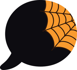 a black circular speech bubble with a section of orange spider web design in the upper right corner, creating a spooky Halloween-themed effect.