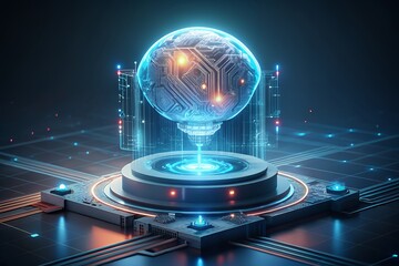 Futuristic digital brain hologram glowing with blue and orange light