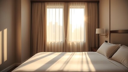 Fototapeta premium Elegant hotel bedroom bathed in morning sunlight, featuring a neatly made bed and inviting atmosphere.